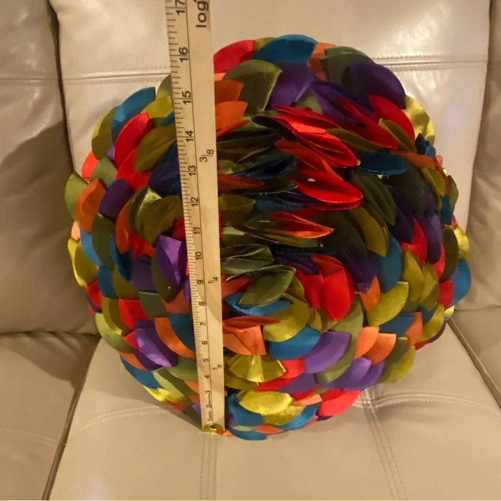 Vintage Handmade Satin Ribbon Rosette Throw Pillow Colorful Petal Design Boho
